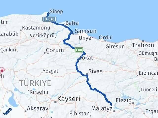 Sinop Yazıhan Malatya Arası Kaç Km - Yol Haritası