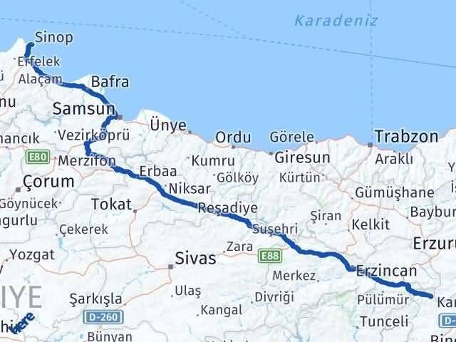 Sinop Yedisu Bingöl Arası Kaç Km - Yol Haritası
