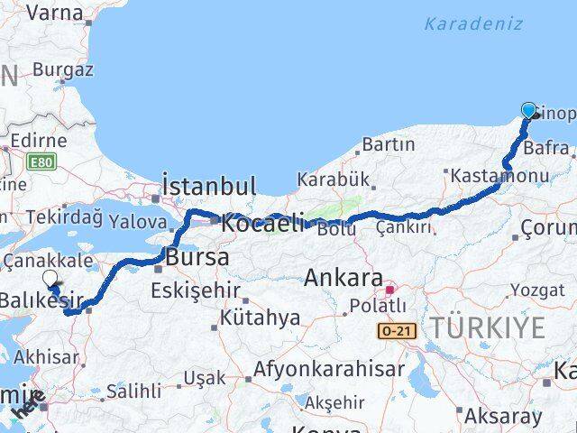 Sinop Yenice Çanakkale Arası Kaç Km - Yol Haritası