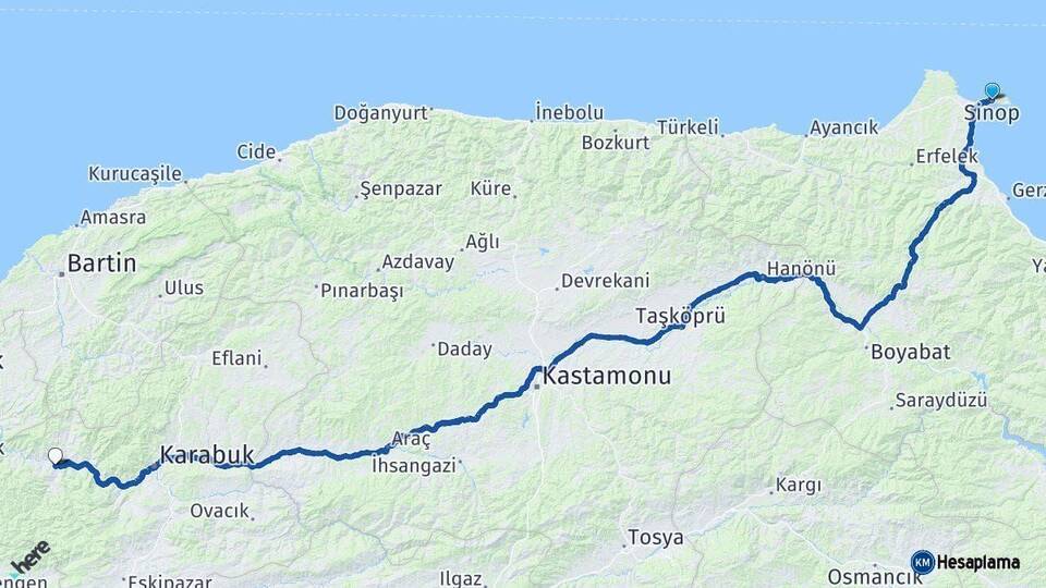 Sinop Yenice Karabük Arası Kaç Km - Yol Haritası