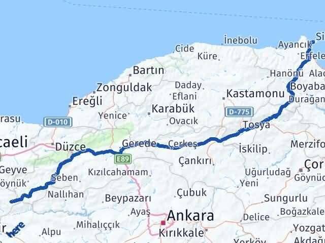 Sinop Yenipazar Bilecik Arası Kaç Km - Yol Haritası