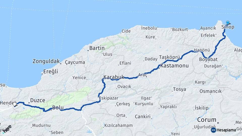 Sinop Yeşilyayla Gümüşova Düzce Arası Kaç Km - Yol Haritası
