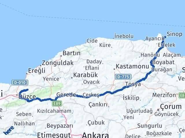 Sinop Yığılca Düzce Arası Kaç Km - Yol Haritası