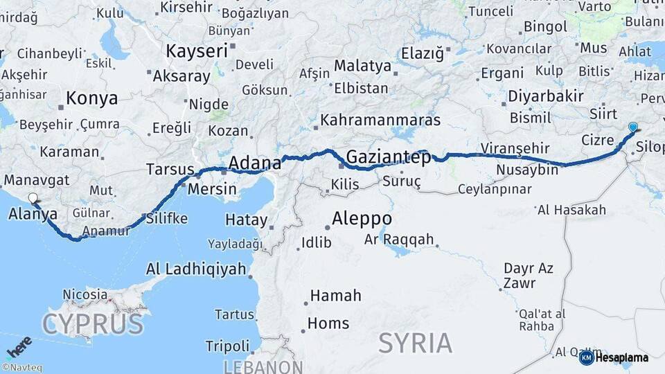 Şırnak Alanya Antalya Arası Kaç Km - Yol Haritası
