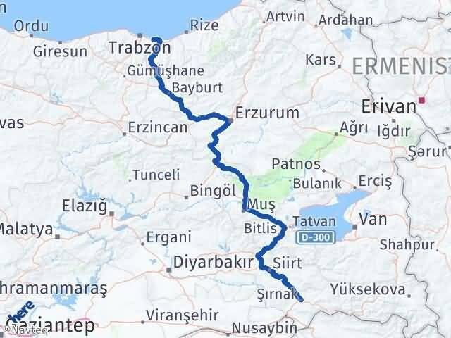 Şırnak Arsin Trabzon Arası Kaç Km - Yol Haritası