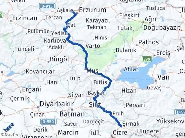 Şırnak Aziziye Erzurum Arası Kaç Km - Yol Haritası