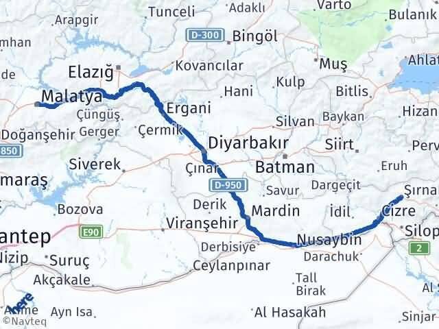 Şırnak Battalgazi Malatya Arası Kaç Km - Yol Haritası