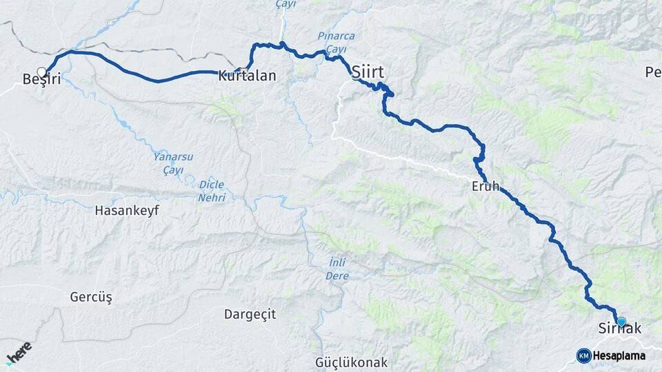 Şırnak Beşiri Batman Arası Kaç Km - Yol Haritası