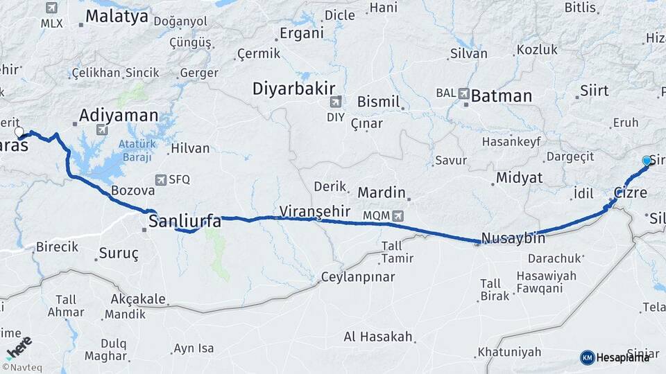Şırnak Besni Adıyaman Arası Kaç Km - Yol Haritası