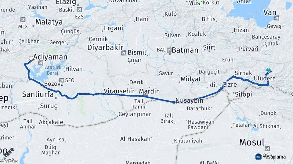 Şırnak Beytüşşebap Adıyaman Arası Kaç Km - Yol Haritası