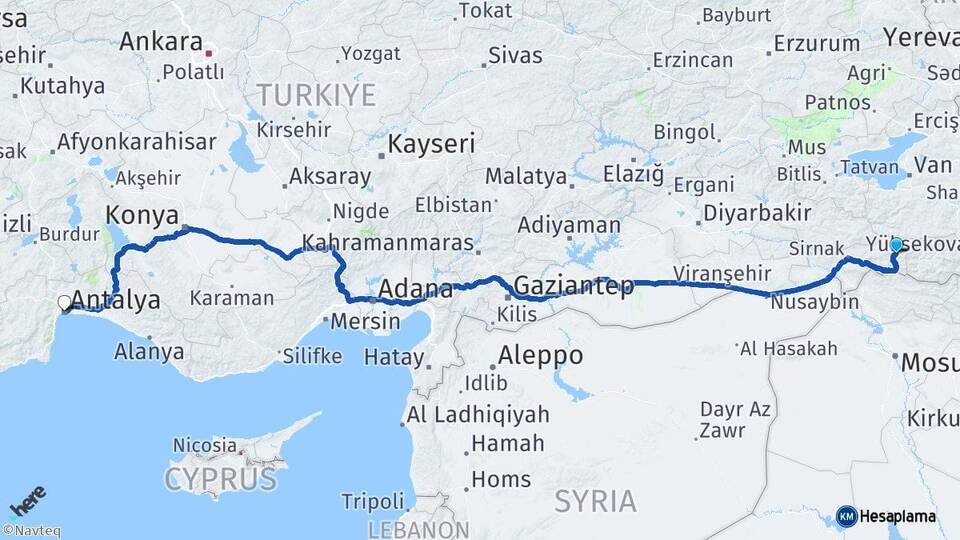 Şırnak Beytüşşebap Antalya Arası Kaç Km - Yol Haritası
