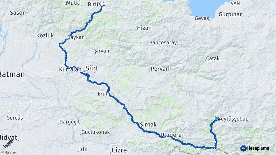 Şırnak Beytüşşebap Bitlis Arası Kaç Km - Yol Haritası