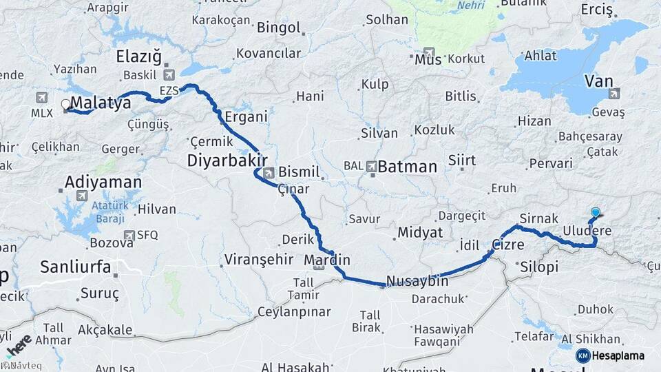 Şırnak Beytüşşebap Malatya Arası Kaç Km - Yol Haritası