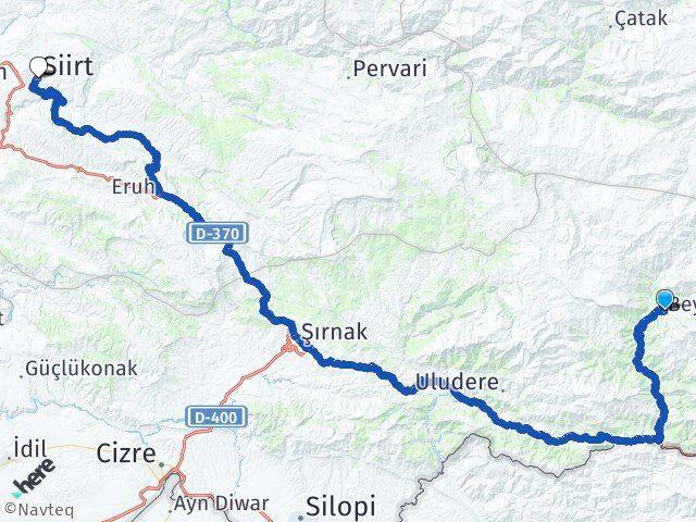 Şırnak Beytüşşebap Siirt Arası Kaç Km - Yol Haritası