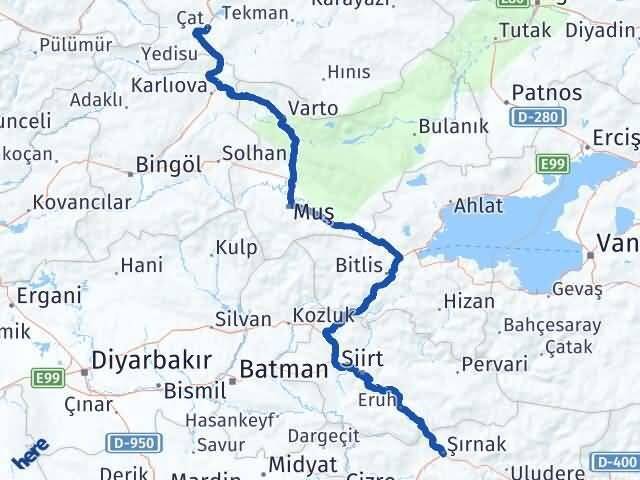 Şırnak Çat Erzurum Arası Kaç Km - Yol Haritası