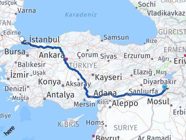 Şırnak Çatalca İstanbul Arası Kaç Km - Yol Haritası