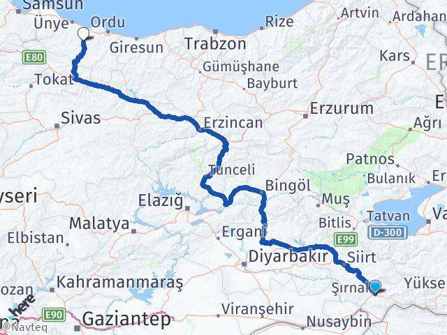 Şırnak Çatalpınar Ordu Arası Kaç Km - Yol Haritası