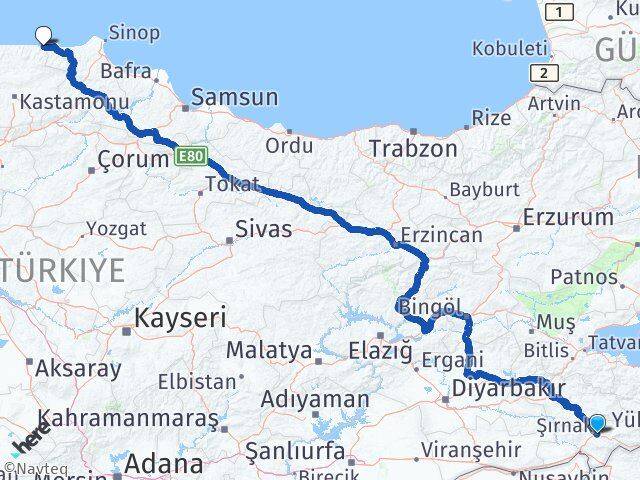 Şırnak Çatalzeytin Kastamonu Arası Kaç Km - Yol Haritası