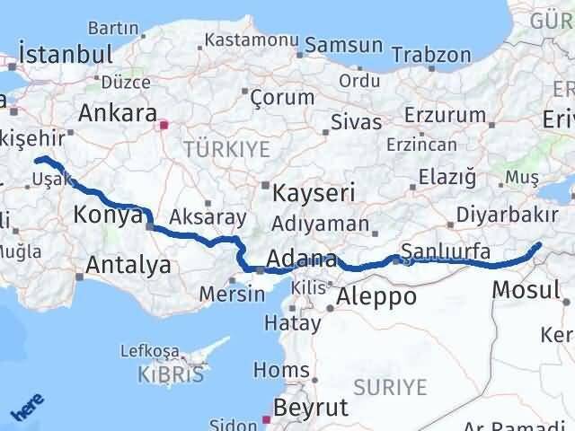 Şırnak Çavdarhisar Kütahya Arası Kaç Km - Yol Haritası