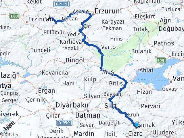 Şırnak Çayırlı Erzincan Arası Kaç Km - Yol Haritası