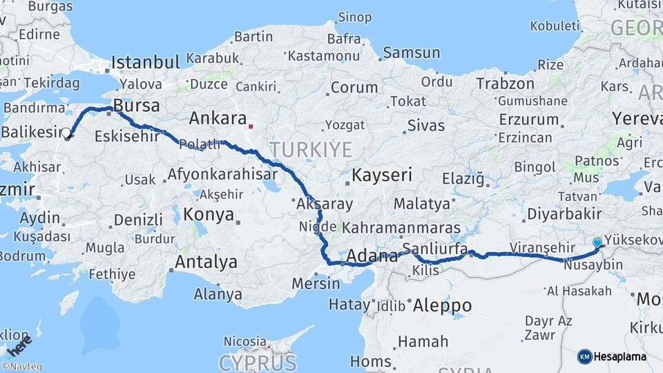 Şırnak Cizre Balıkesir Arası Kaç Km - Yol Haritası