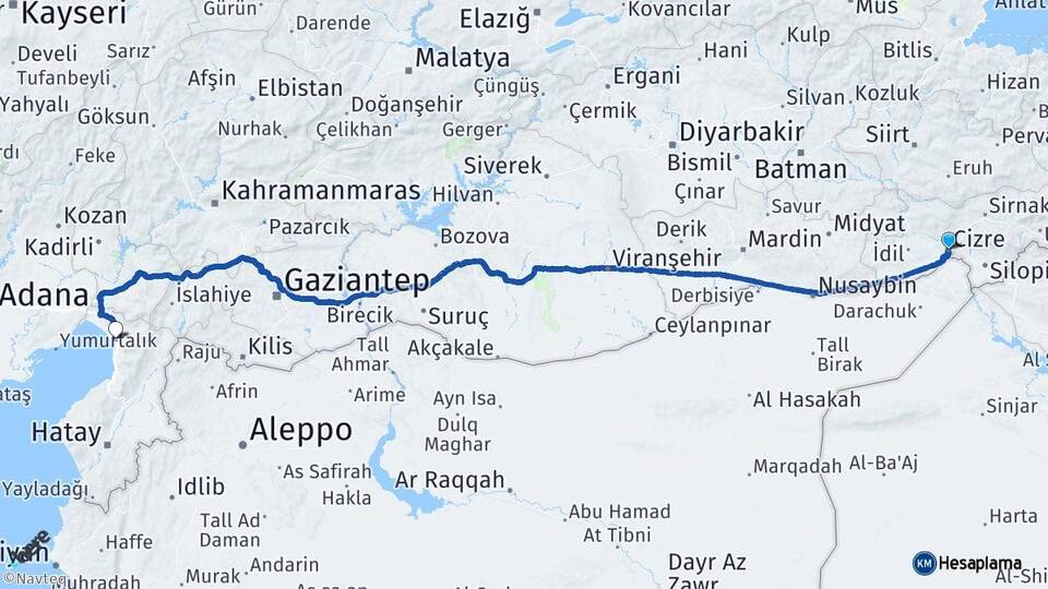 Şırnak Cizre Dörtyol Hatay Arası Kaç Km - Yol Haritası