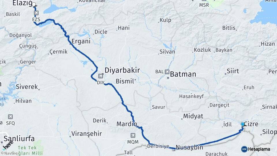 Şırnak Cizre Elazığ Arası Kaç Km - Yol Haritası
