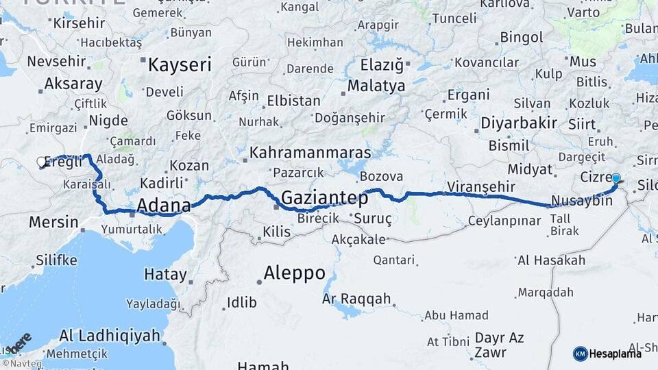 Şırnak Cizre Ereğli Konya Arası Kaç Km - Yol Haritası