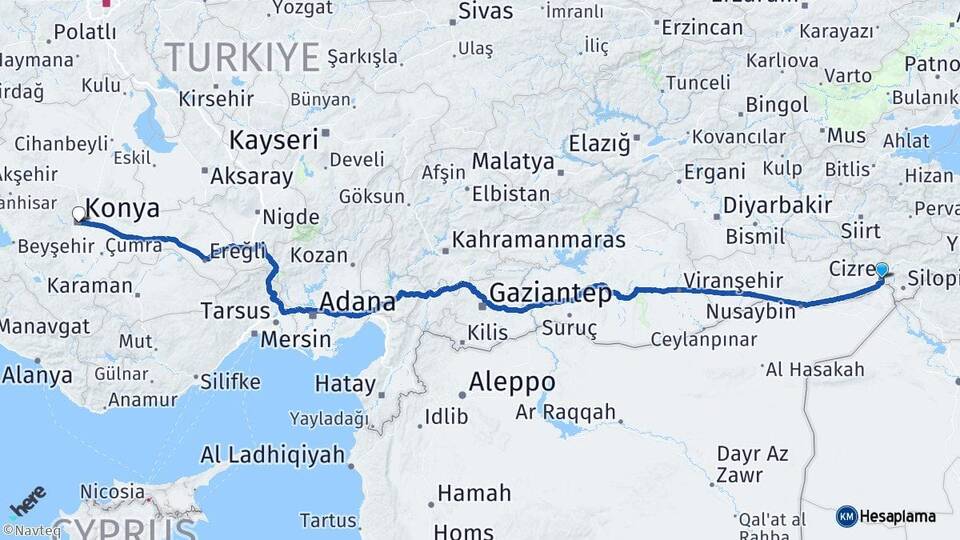 Şırnak Cizre Konya Arası Kaç Km - Yol Haritası