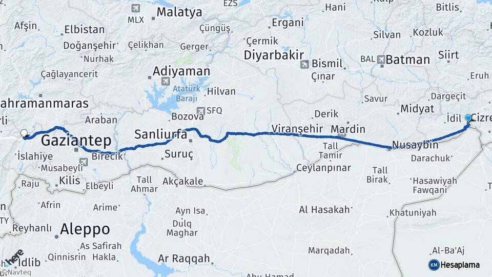 Şırnak Cizre Nurdağı Gaziantep Arası Kaç Km - Yol Haritası