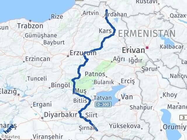 Şırnak Damal Ardahan Arası Kaç Km - Yol Haritası