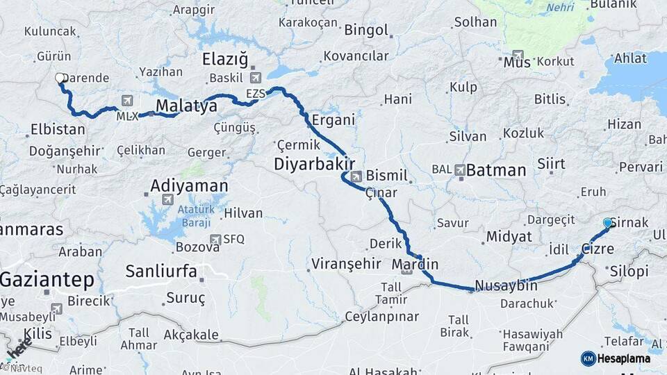 Şırnak Darende Malatya Arası Kaç Km - Yol Haritası