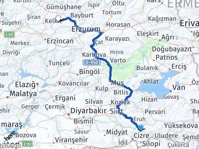 Şırnak Demirözü Bayburt Arası Kaç Km - Yol Haritası