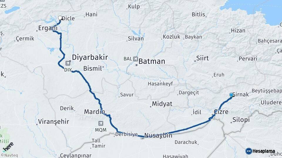 Şırnak Dicle Diyarbakır Arası Kaç Km - Yol Haritası