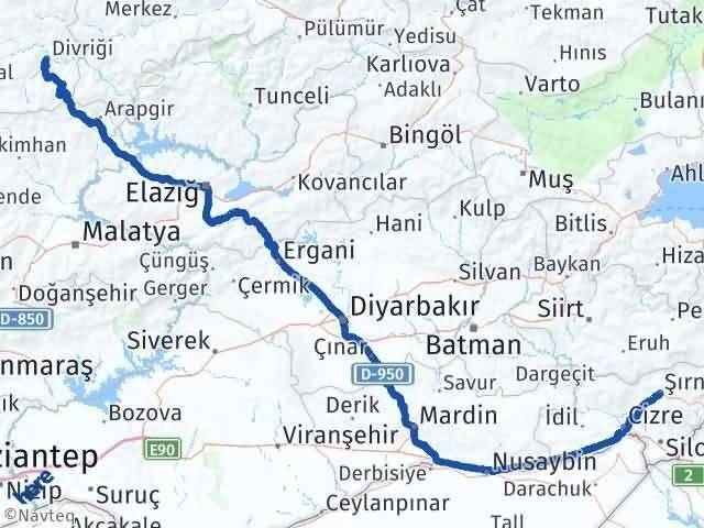 Şırnak Divriği Sivas Arası Kaç Km - Yol Haritası