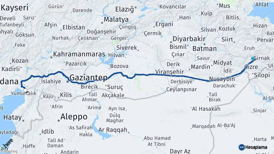 Şırnak Dörtyol Hatay Arası Kaç Km - Yol Haritası