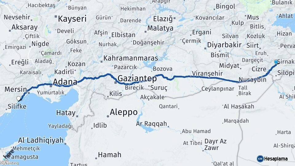 Şırnak Erdemli Mersin Arası Kaç Km - Yol Haritası