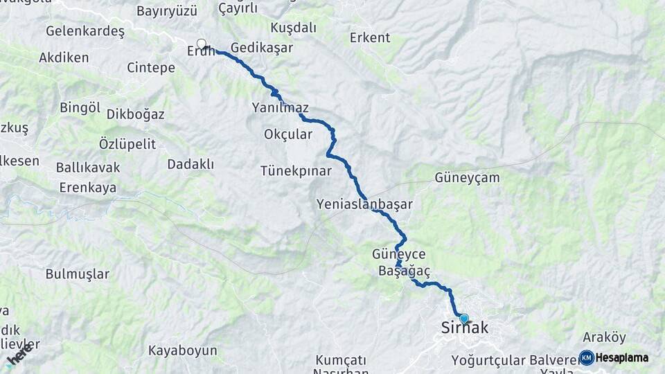 Şırnak Eruh Siirt Arası Kaç Km - Yol Haritası