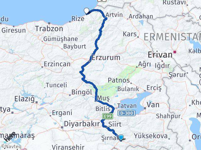 Şırnak Fındıklı Rize Arası Kaç Km - Yol Haritası