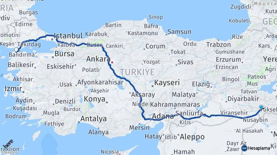 Şırnak Gelibolu Çanakkale Arası Kaç Km - Yol Haritası