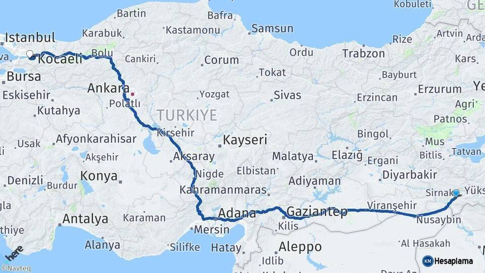 Şırnak Gölcük Kocaeli Arası Kaç Km - Yol Haritası