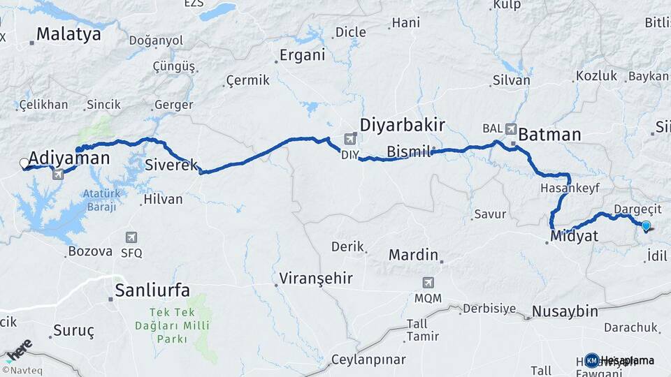 Şırnak Güçlükonak Adıyaman Arası Kaç Km - Yol Haritası