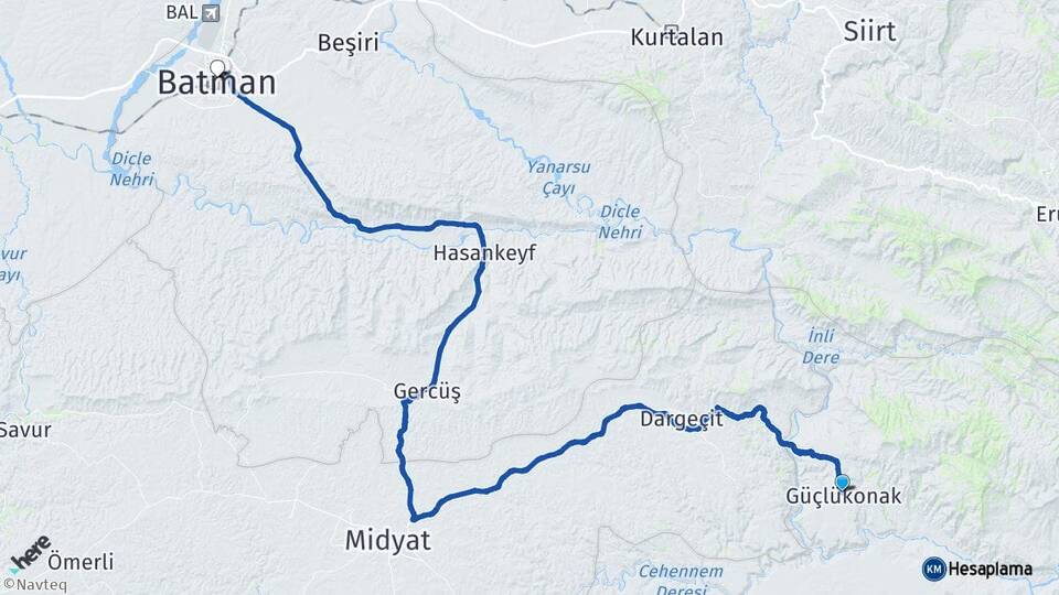 Şırnak Güçlükonak Batman Arası Kaç Km - Yol Haritası