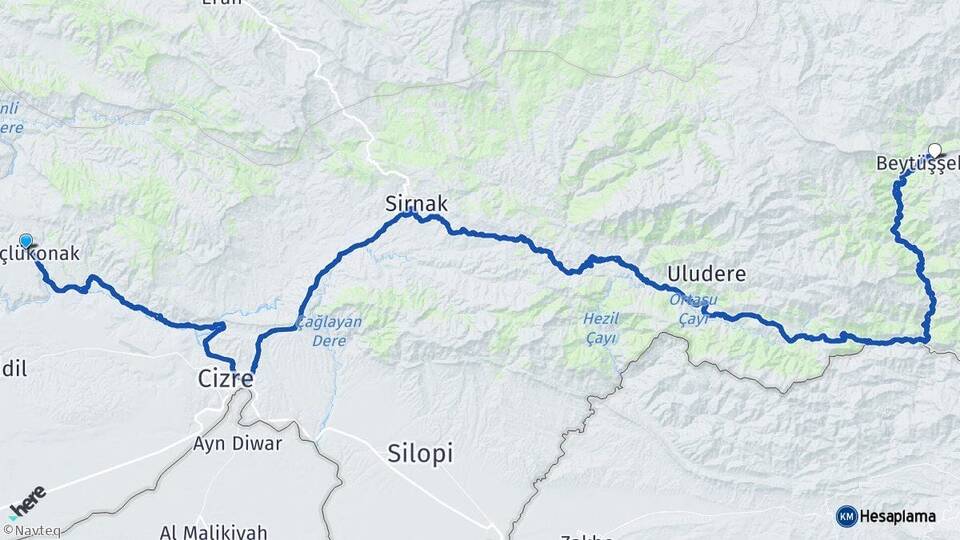 Şırnak Güçlükonak Beytüşşebap Arası Kaç Km - Yol Haritası