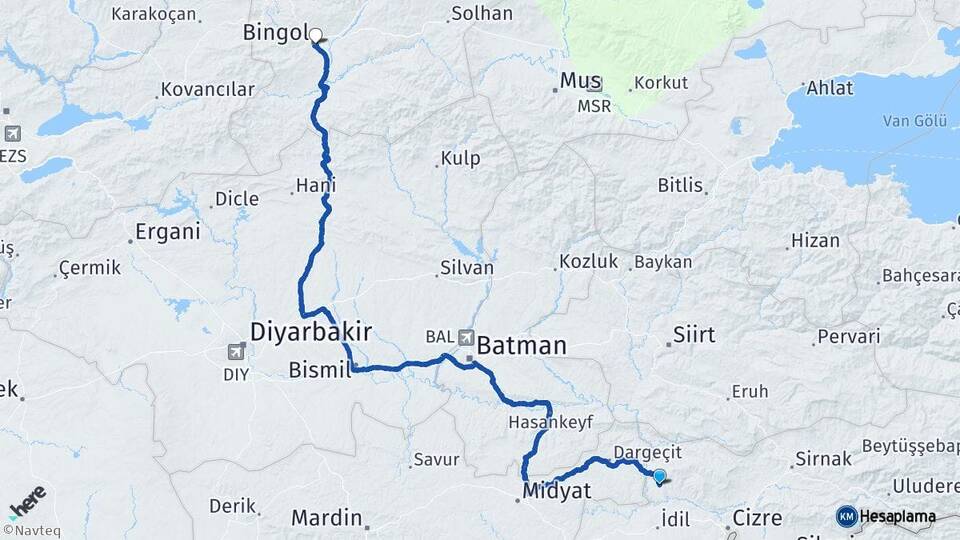 Şırnak Güçlükonak Bingöl Arası Kaç Km - Yol Haritası