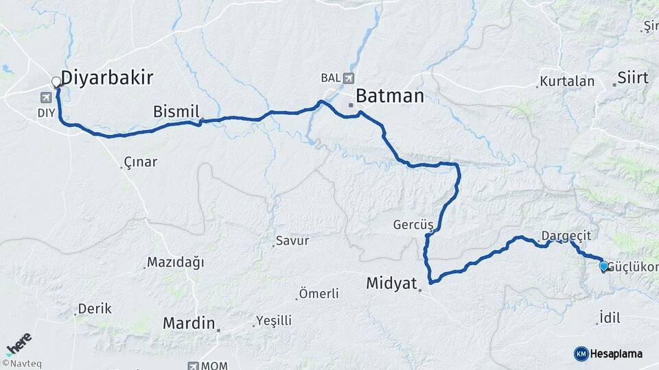 Şırnak Güçlükonak Diyarbakır Arası Kaç Km - Yol Haritası