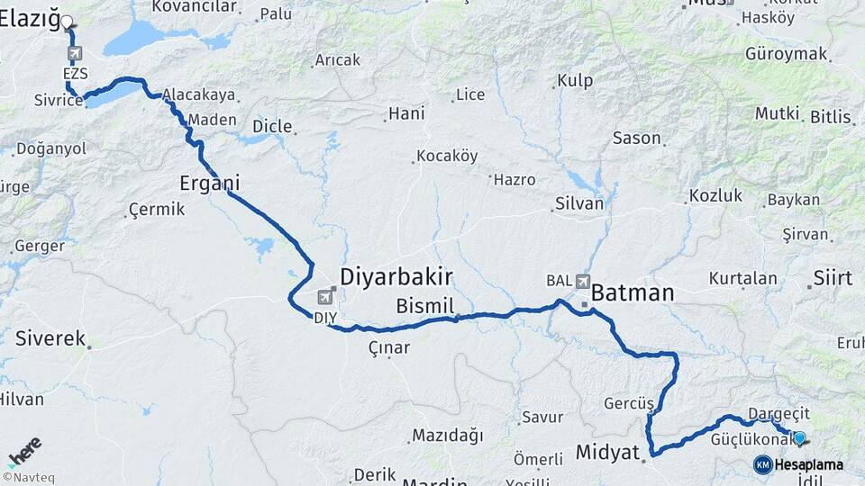 Şırnak Güçlükonak Elazığ Arası Kaç Km - Yol Haritası