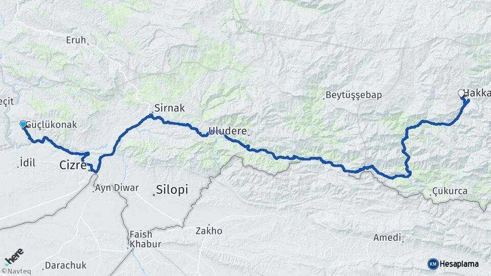 Şırnak Güçlükonak Hakkari Arası Kaç Km - Yol Haritası