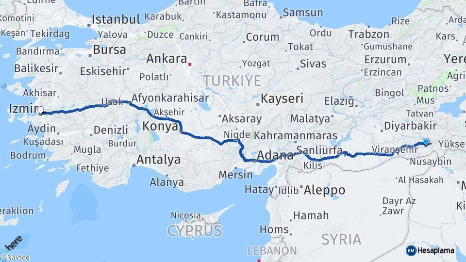 Şırnak Güçlükonak İzmir Arası Kaç Km - Yol Haritası