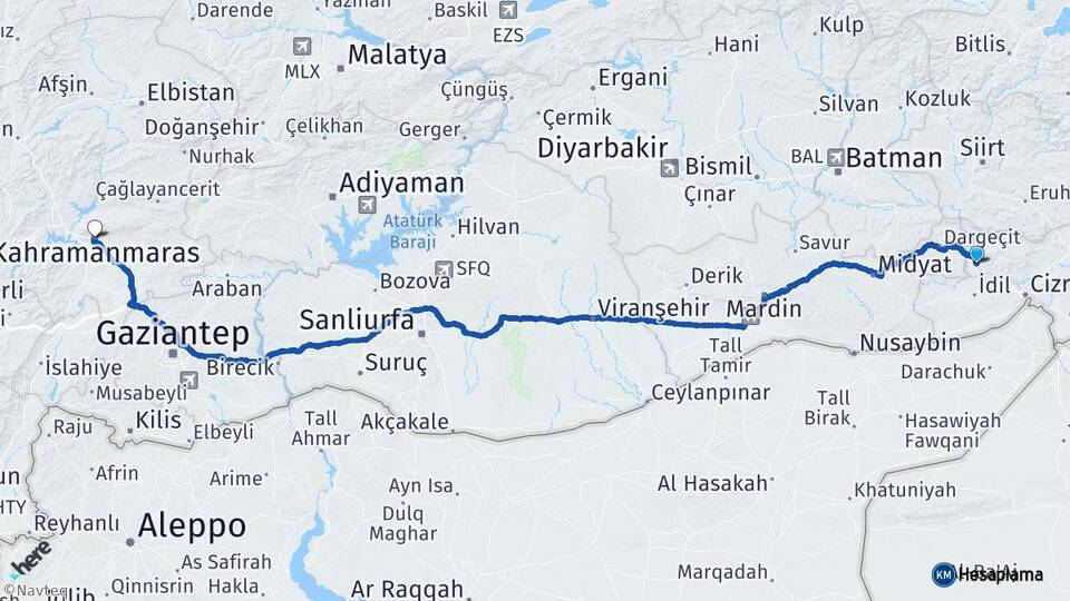 Şırnak Güçlükonak Kahramanmaraş Arası Kaç Km - Yol Haritası